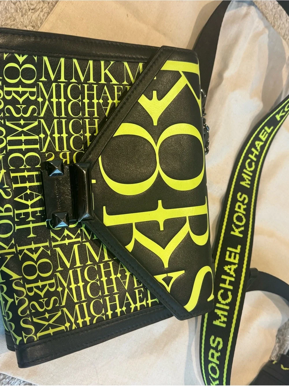 Michael Kors Black and Neon Yellow Logo Crossbody Bag